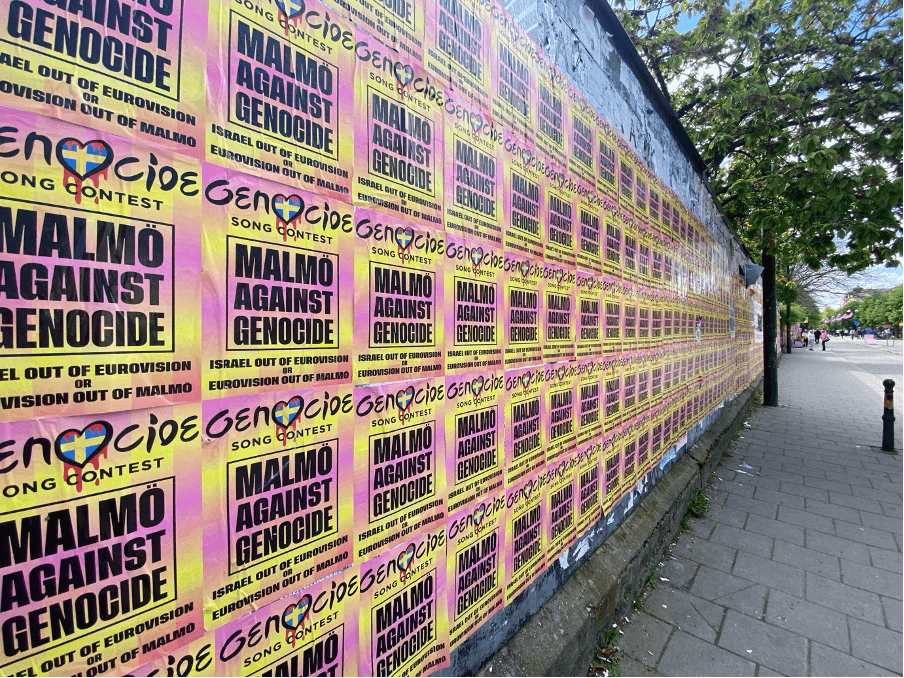 Posters by the pro-Palestine campaign demanded Israel to be out of Eurovision and also Eurovision to be out of Malmö (photograph by Laleh Foroughanfar). 